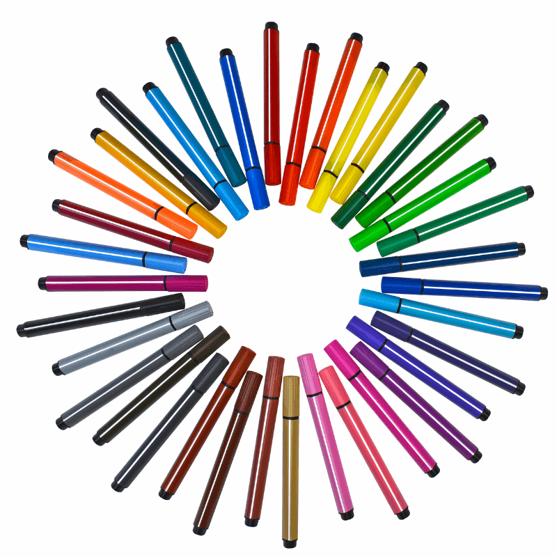 Colorful marker pens arranged in a circular pattern showing multiple vibrant colors