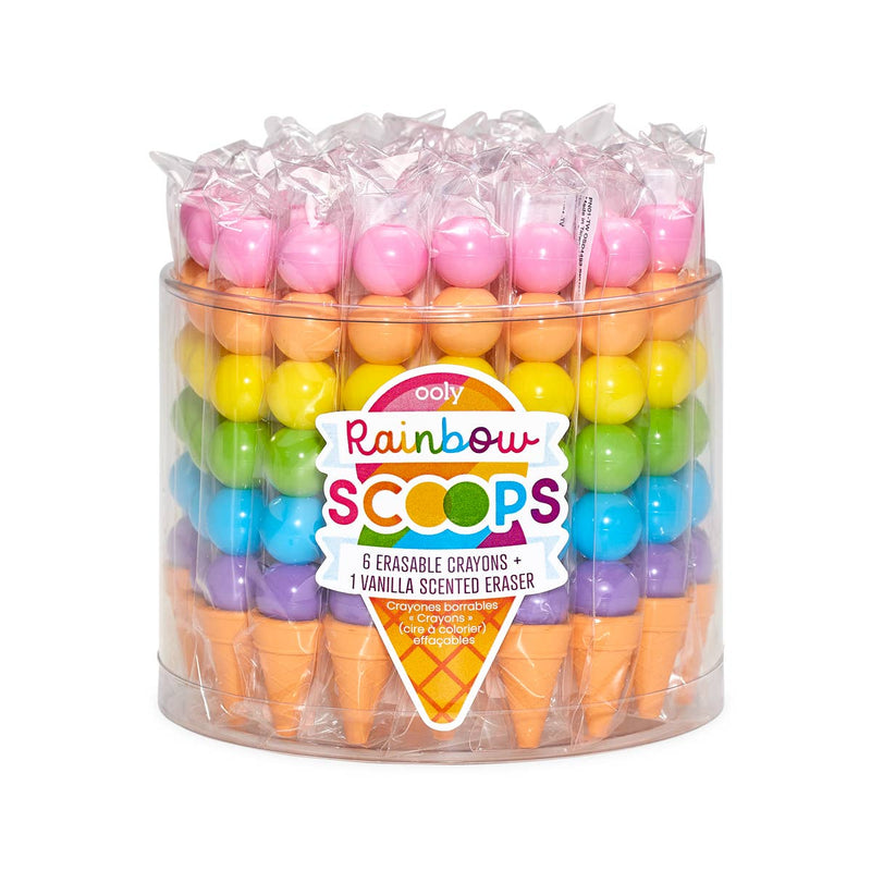 OOLY Rainbow Scoops erasable crayons in ice cream cone shapes arranged in rainbow colors in clear container