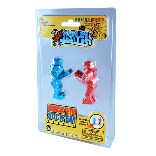 World's Smallest Rock 'Em Sock 'Em Robots toy package with blue and red miniature boxing robots