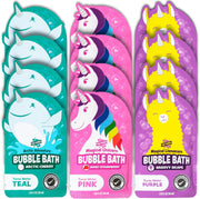 Three Tub Works bubble bath products in teal, pink and purple featuring unicorn and llamacorn designs