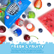 Fruity Fizzers bath bombs with fresh fruits on white background showing fruity scents