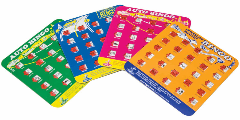 Four colorful Auto Bingo travel game cards fanned out on white background