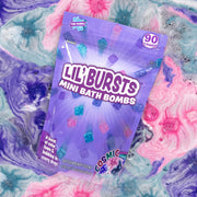 Lil Bursts Mini Bath Bombs 90 count package on colorful swirled bath water background