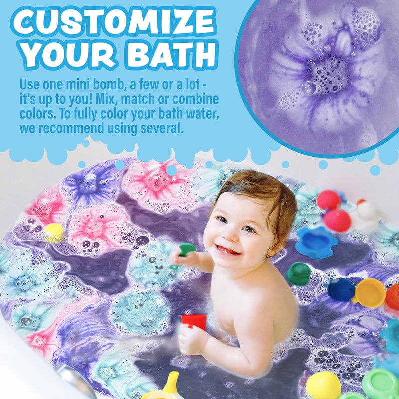 Child enjoying colorful bath with mini bath bombs creating purple swirled water