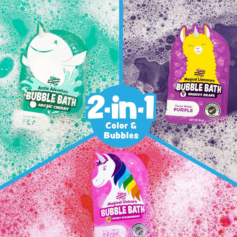 Three Tub Works magical kids bubble bath products with colorful bubbles and character designs