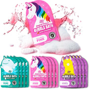 Magical Kids Bubble Bath packets in pink unicorn, teal arctic, and purple llamacorn designs with bubble effects