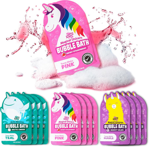 Magical Kids Bubble Bath packets in pink unicorn, teal arctic, and purple llamacorn designs with bubble effects