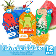 Tub Works bubble bath 12-pack with character-themed pouches in green blue orange colors
