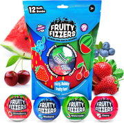 Fruity Fizzers bath bombs package with four individual bombs and fresh fruit