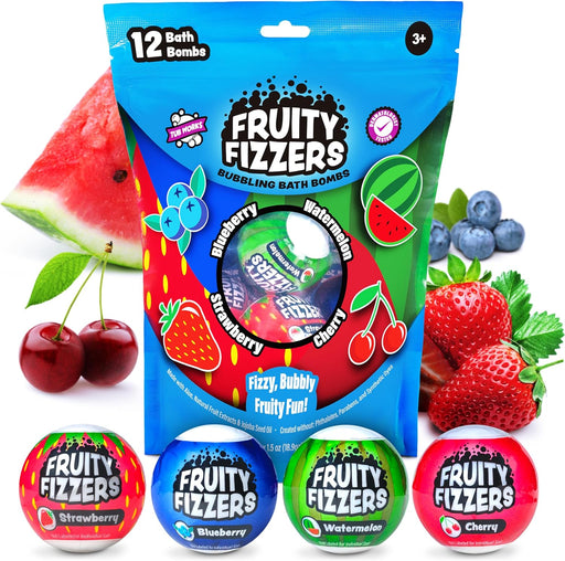Fruity Fizzers bath bombs package with four individual bombs and fresh fruit