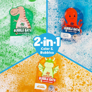 Three colorful Tub Works bubble bath packets showing green dinosaur, blue octopus, and orange dragon with bubbles