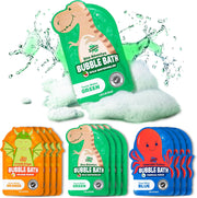 Colorful kids bubble bath packets with dinosaur dragon and octopus characters in green orange blue