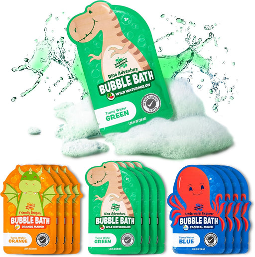 Colorful kids bubble bath packets with dinosaur dragon and octopus characters in green orange blue