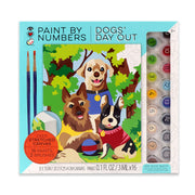 Paint by numbers kit featuring three dogs in park with paints and brushes