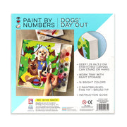 Paint By Numbers Dogs' Day Out kit showing canvas painting, paints, and brushes