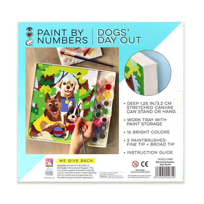 Paint By Numbers Dogs' Day Out kit showing canvas painting, paints, and brushes