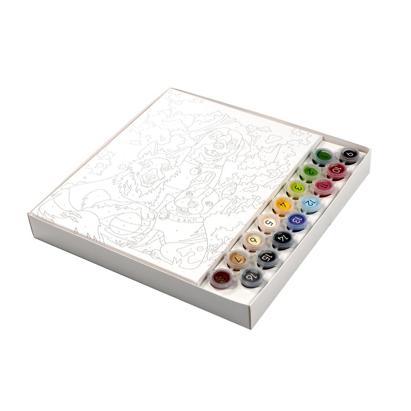 Paint by numbers kit with outlined canvas and numbered paint pots in white box