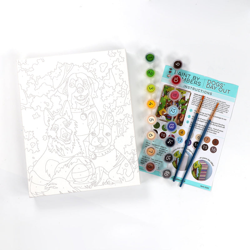 Paint by numbers kit showing dog outline canvas, numbered paint pots, and instruction sheet