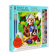 Paint by Numbers Dogs' Day Out kit showing canvas with three dogs and paint supplies