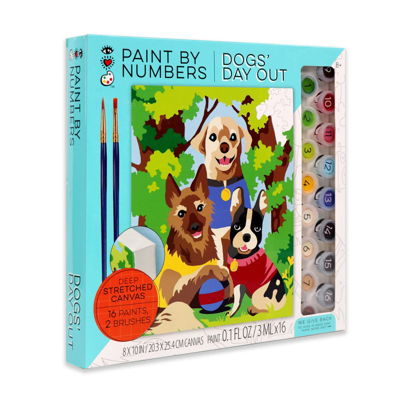 Paint by Numbers Dogs' Day Out kit showing canvas with three dogs and paint supplies