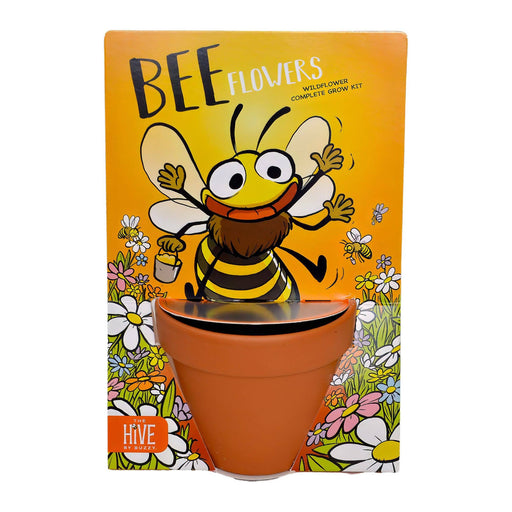 Bee Flowers wildflower grow kit with terra cotta pot and cartoon bee illustration