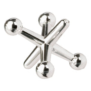 Silver metal jacks toy with six prongs and spherical ends on white background