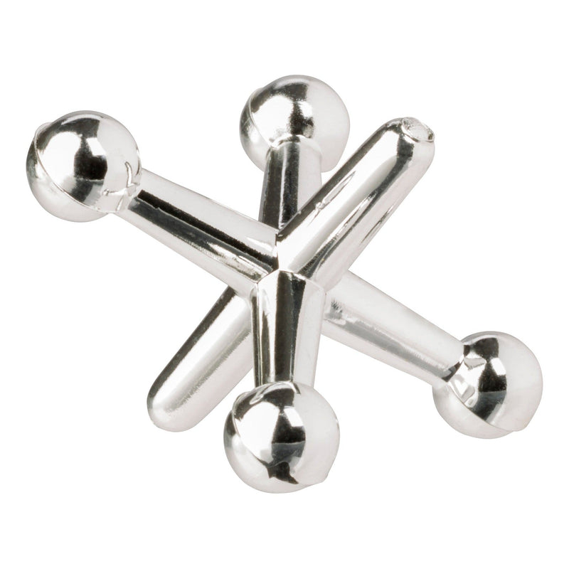 Silver metal jacks toy with six prongs and spherical ends on white background