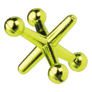 Green metallic Jumbo Jax toy with four spherical ends on white background