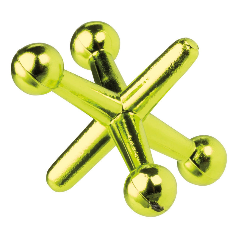 Green metallic Jumbo Jax toy with four spherical ends on white background