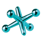 Turquoise metallic Jumbo Jax toy with six cylindrical arms and spherical ends on white background