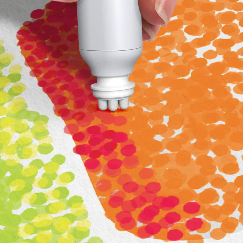 FlowArt Pogo-Dot creating colorful dotted paint pattern in orange red yellow green