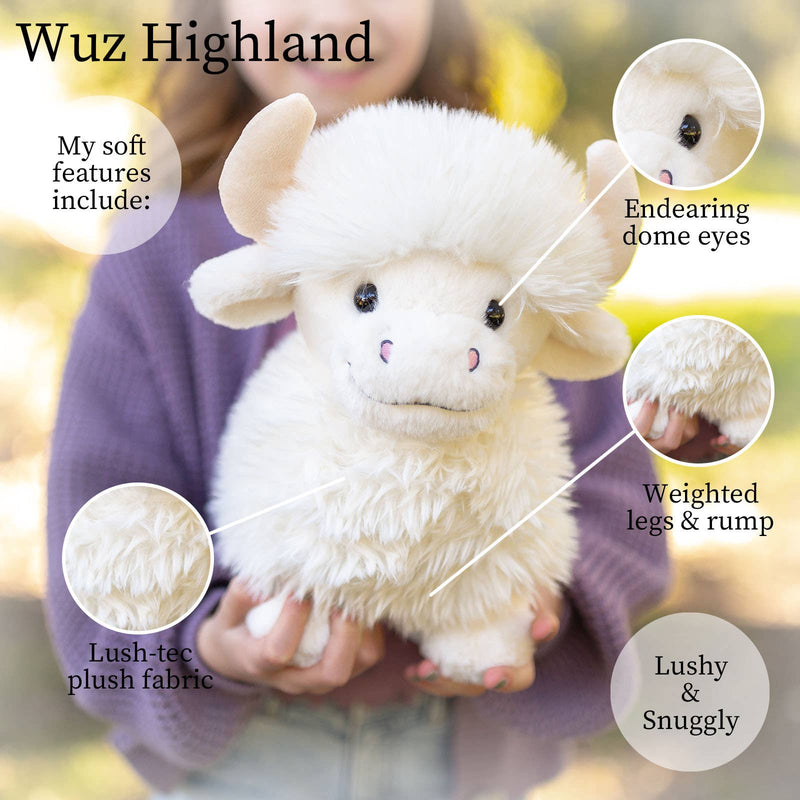 Wuz Highland cow plush toy with labeled features including dome eyes and plush fabric