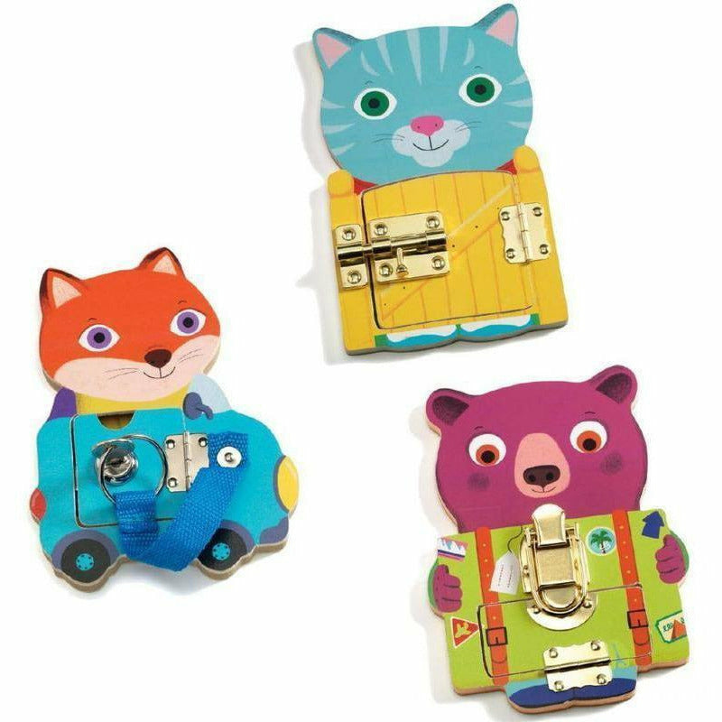 Three colorful animal-shaped lock toys with hinges and latches for fine motor skills