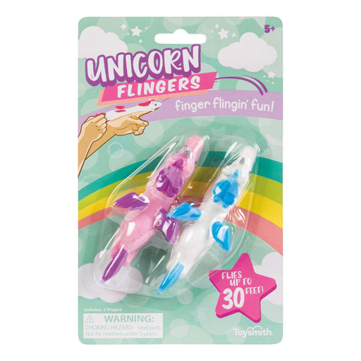 Unicorn Flingers toy package showing two finger-launched unicorn toys in pink and blue colors