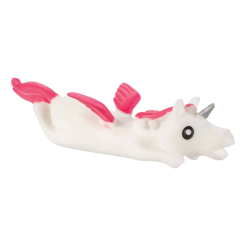 White unicorn squishy toy with pink mane and fins on clean background