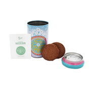 Soda can flower grow kit with seeds packet, soil pellets, and decorative container