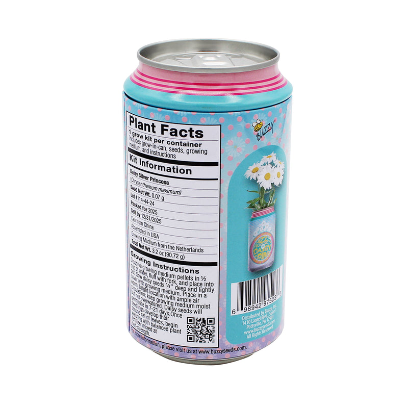 Buzzy Seeds soda can flower grow kit with daisy design and plant facts label