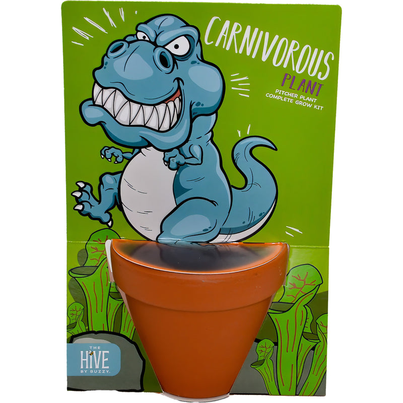 Carnivorous plant grow kit with T-Rex cartoon character and terracotta pot