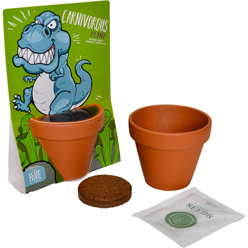T-Rex carnivorous plant grow kit with packaging, terracotta pot, soil disc and seeds