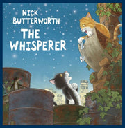 Book cover of The Whisperer by Nick Butterworth showing cats on rooftops at night
