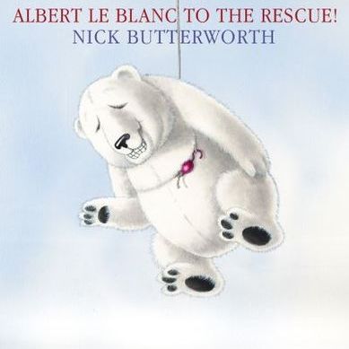 White polar bear plush toy Albert LeBlanc book cover on cloud background