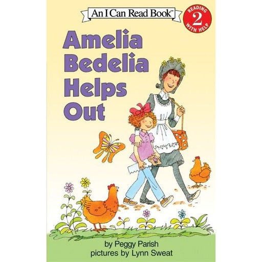 Amelia Bedelia Helps Out children's book cover showing Amelia carrying a child with chickens nearby