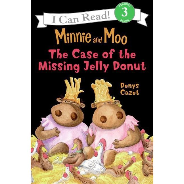Minnie and Moo children's book cover featuring two cow characters with jelly donuts