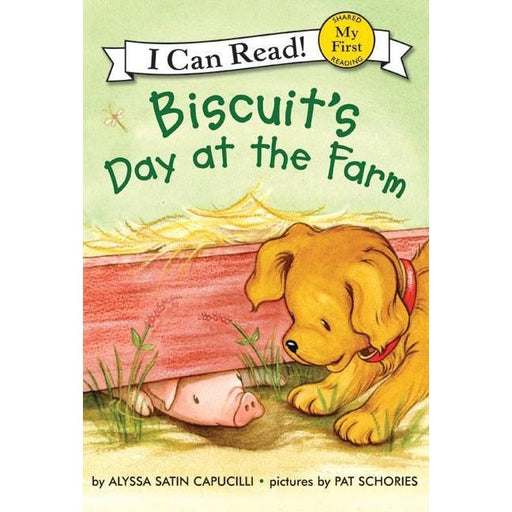 Biscuit's Day at the Farm children's book cover featuring golden puppy and pig