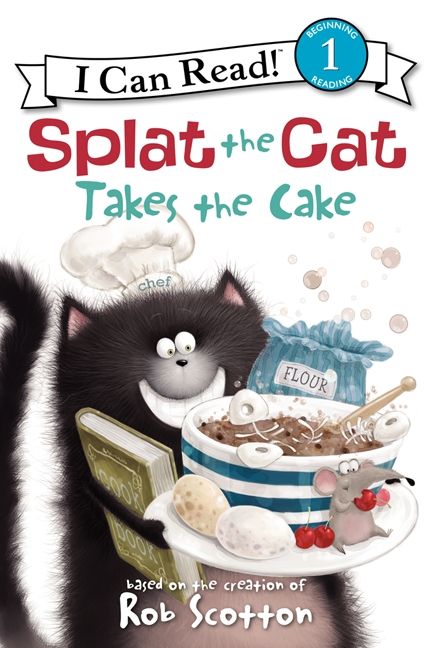 Splat the Cat Takes the Cake children's book cover showing black cat with baking ingredients