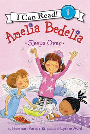 Amelia Bedelia Sleeps Over children's book cover showing three girls at a sleepover