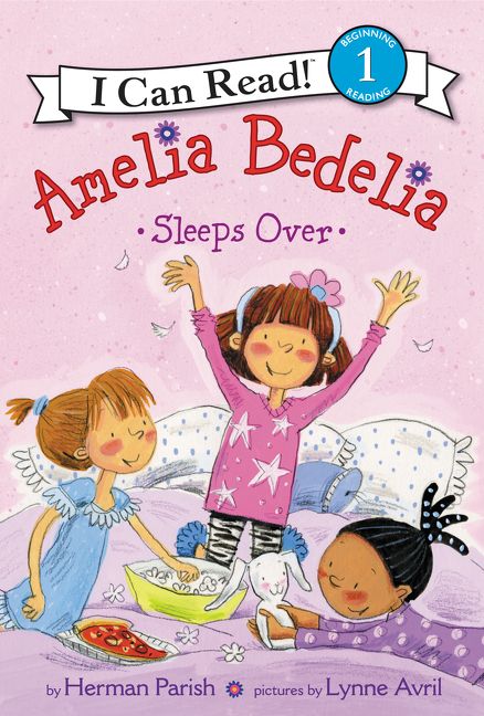 Amelia Bedelia Sleeps Over children's book cover showing three girls at a sleepover