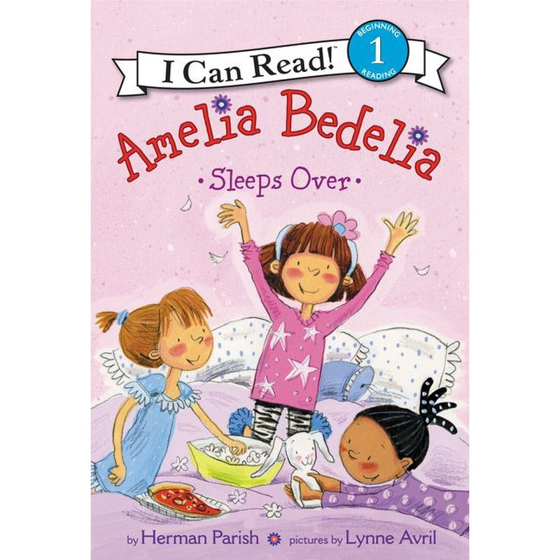 Amelia Bedelia Sleeps Over children's book cover showing three girls at a sleepover
