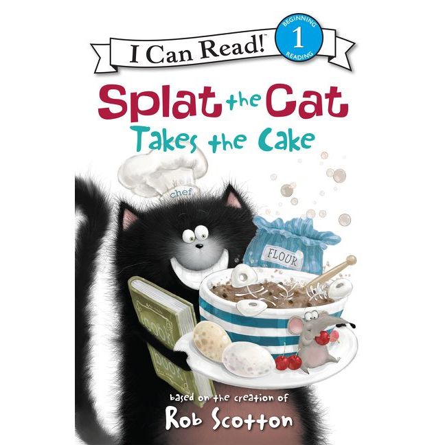 Splat the Cat Takes the Cake I Can Read Level 1 book cover with black cat baking