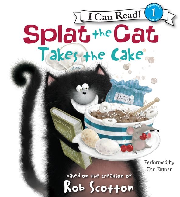 Splat the Cat Takes the Cake children's book cover showing black cat with baking ingredients